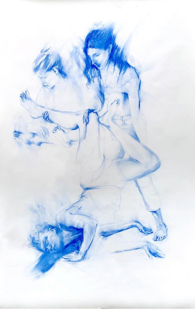 Joana und Helen proben für Timoclea stürzt einen Hauptmann Alexanders des Großen in einen Brunnen nach Elisabeth Sirani, 2022, 240 x 150 cm, blaue Pastellkreide auf Zeichenkarton