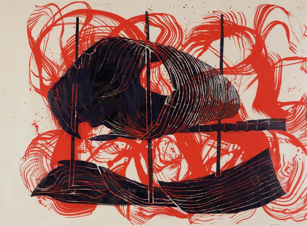 In Flammen, 2022, Anita Staud, Siebdruck auf Gerd Logemann, Holzschnitt, 50 x 70 cm